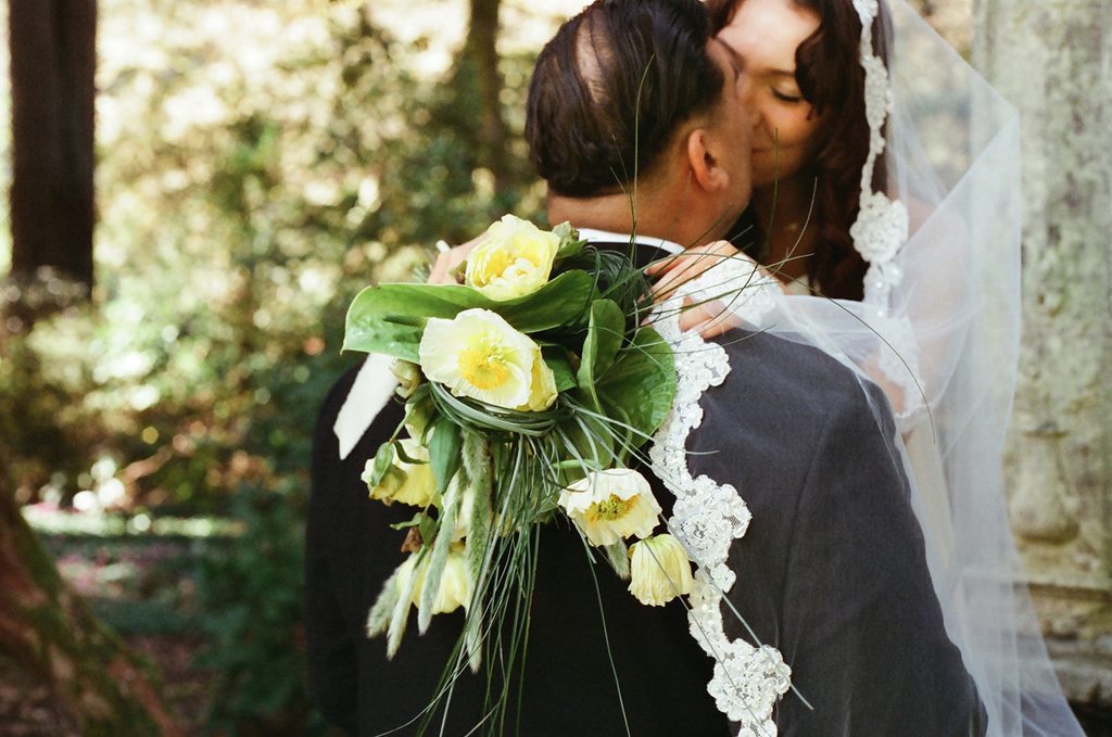 Bride and groom kissing beneath a veil among the gardens at Lakewold Gardens, photographed on CineStill 400D film.