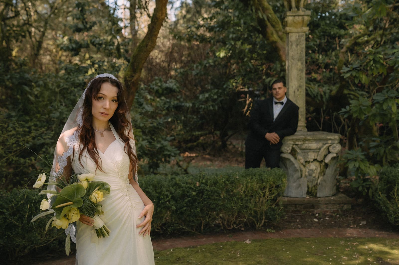 Editorial wedding portraits in the gardens at Lakewold Gardens.