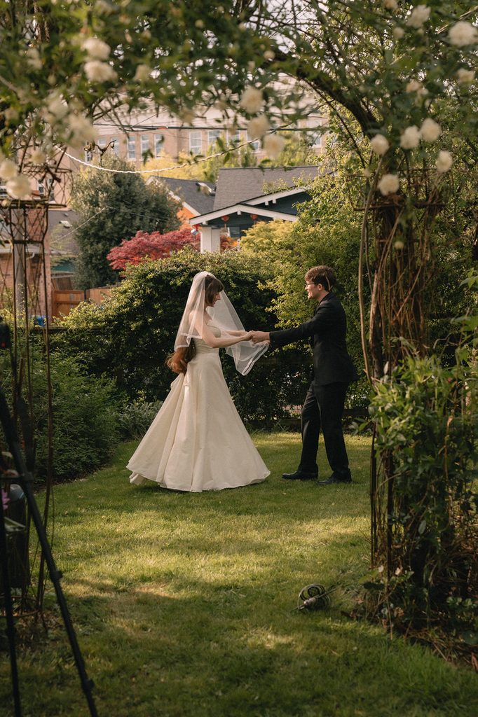 Bride and groom sharing a dance after the ceremony.